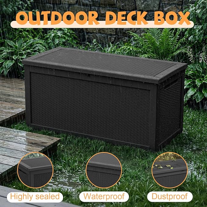 320 Gallon Outdoor Storage Deck Box Waterproof Resin Lockable Outside Bench Porch Patio Furniture Pool Float Garden Tool Cushion UV Resistant Bin Black