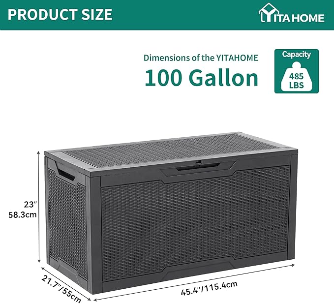 YITAHOME 100 Gallon Large Deck Box, Outdoor Resin Storage Boxes for Patio Furniture, Outdoor Cushions, Garden Tools, Water Resistant and Lockable