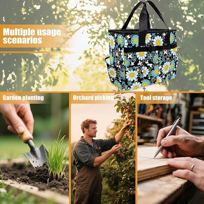 Daisy Print Garden Tool Bag Portable Gardening Tool Organizer Bag with 10 Pockets and Handle Tool Carrier and Storage for Garden Lawn Yard Casual Camp
