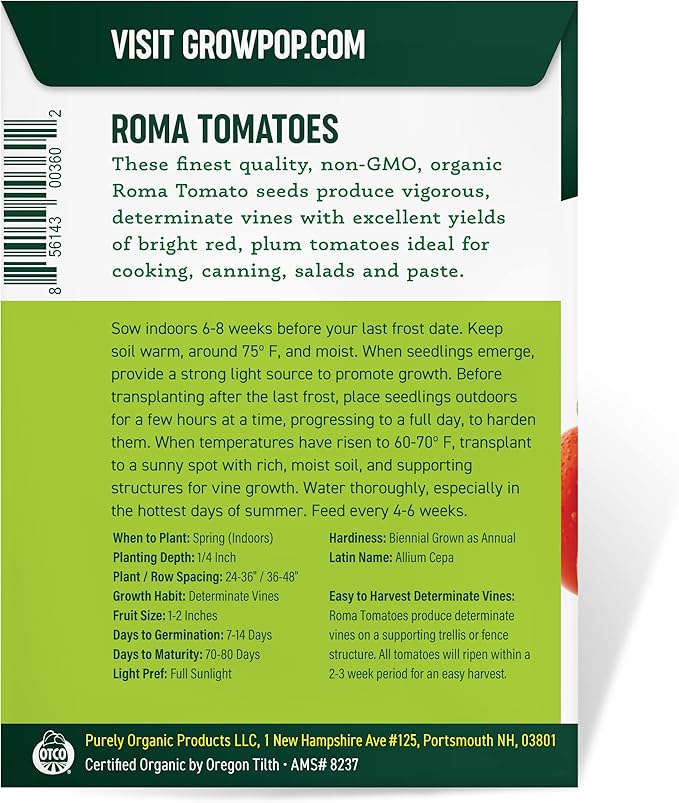Organic Tomato Seeds (Roma) - Approx 75 Seeds - USDA Organic, Non-GMO, Open Pollinated, Heirloom, USA Origin