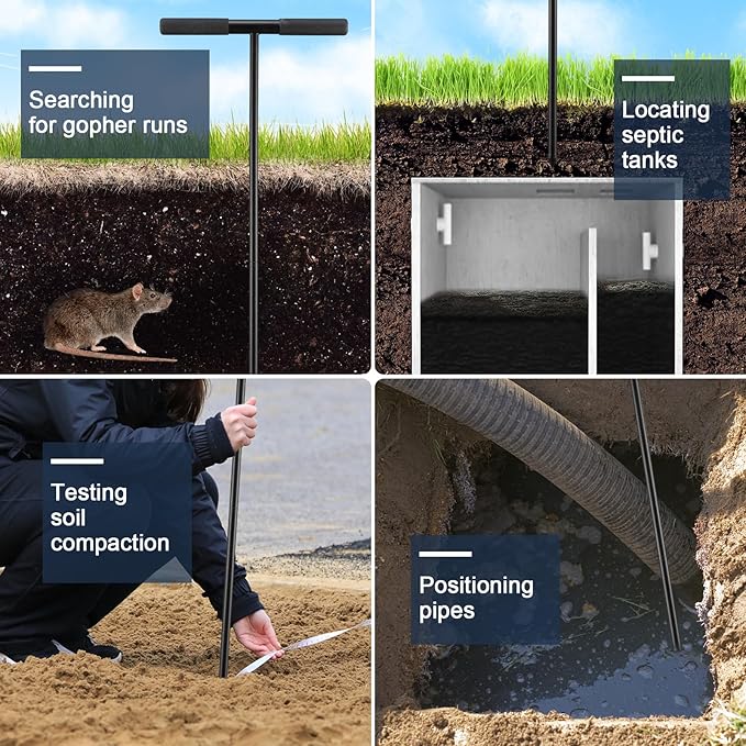 Soil Probe Rod, 48 Inch Metal Septic Tank Locator Tool, Ground Probe Rod for Soil Compaction, Locating Underground Pipes and Gopher Runs, Gardening