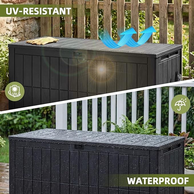 UDPATIO 100 Gallon Deck Box, Outdoor Storage Box Lockable Waterproof Resin, Indoor Outdoor Storage Container for Patio Cushions, Garden Tools,Package Delivery Boxes for outside