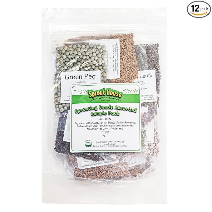 The Sprout House Variety Sample Pack -1.5 LBS of 12 Different Sprouting Seeds - Certified Organic and Non GMO - Includes 2oz of Each