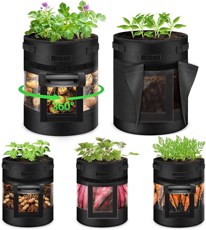 5 Pack 10 Gallon 360° Visible Potato Grow Bags with Shading Flap & Harvest Window – Heavy Duty 400g Non-Woven Fabric Potato Bags for Growing Potatoes with 10 Green Labels, Potato Growing Containers
