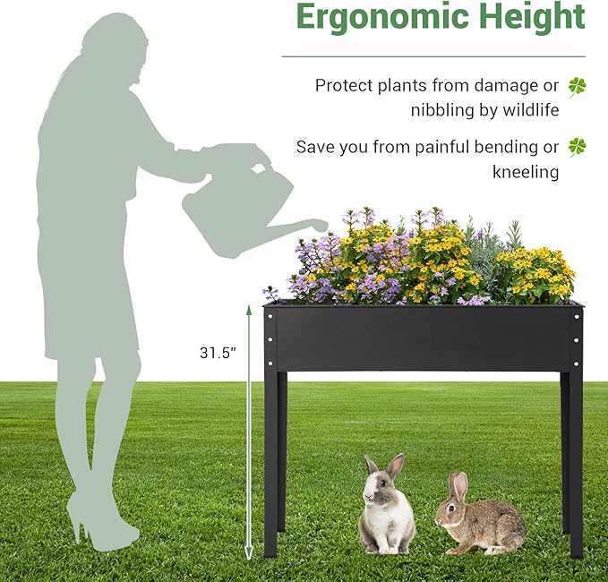 Giantex Raised Garden Bed, Metal Planter Box with Legs, Drain Hole, Outdoor Indoor Elevated Garden Box for Vegetable Flower Herb Fruit, Standing Raised Beds for Backyard Porch Balcony Black