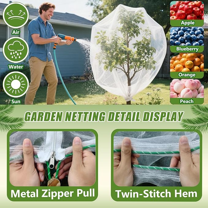 Fruit Tree Netting Cover with Drawstring, 2 Pack 4.9x6.2 ft Bird Barrier Mesh for Blueberry Bushes/Vegetables, Bonus 4 Owl Scare Tapes & 2 Fastening Straps