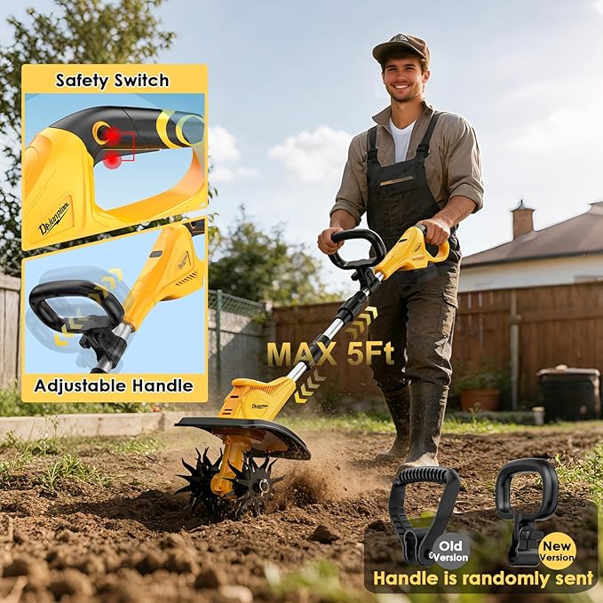 Garden Tools - Cordless Tiller Cultivator Compatible with DEWALT 20V MAX Battery (Tool Only), 310RPM Electric Rototiller with 40 Steel Tines, 9.1In Tilling Width & 6.3In Depth Tiller, Folding Design