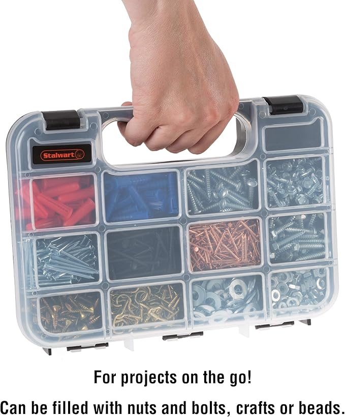 Hardware Organizer Box with Dividers - 14 Compartment Small Parts Organizer Portable Tool Box Organizer with Secure Latches - Plastic Screw Organizer Box for Nuts, Beads, Jewelry or Tackle by Stalwart