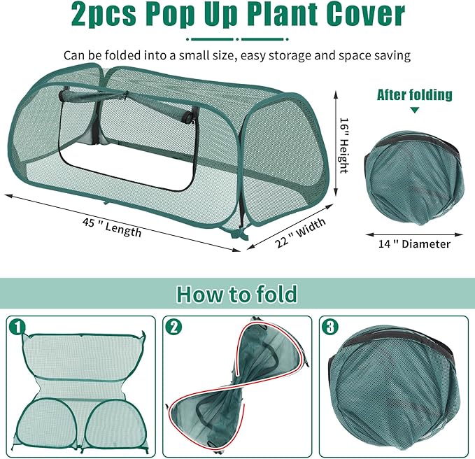 2Pack Garden Covers for Raised Beds, Pop Up Mesh Plant Covers for Outdoors, 30% Sunblock Plant Shade Tent, Crop Cage for Seedlings Vegetable Against Birds, Animals, with 8 Stakes (45"X22"X16")