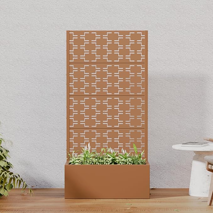 Casaphoria Metal Raised Garden Bed with Trellis, 59"x30"x12" Planter Box for Climbing Plants, Vegetables & Vines, Features Drainage Holes and Privacy Screen, Brown-Brick