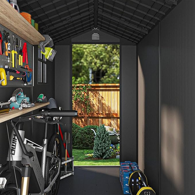 Patiowell 4x8 FT Plastic Outdoor Storage Shed with Floor, Garden Tool Shed with Two Windows and Single Lockable Door for Garden, Backyard, Lawn, Easy to Install, Dark Grey