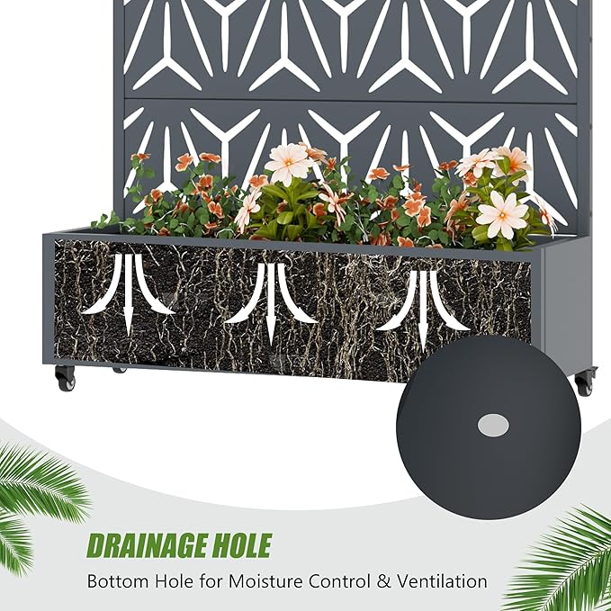 Casaphoria Metal Raised Garden Bed with Trellis and Wheels, 72"x47"x16" Arched Planter Box for Climbing Plants, Vegetables & Vines, Features Drainage Holes and Privacy Screen, Grey-Star