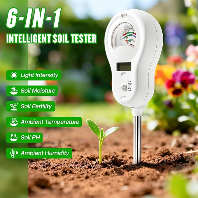 6-in-1 Multifunctional Soil Moisture Meter, pH/Temperature/Soil Moisture/Sunlight/Air Humidity/Soil Fertility Soli Analyzer for Farming, Gardening, Lawns