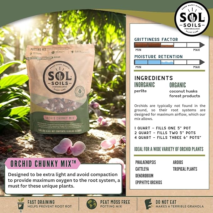 Sol Soils Chunky Orchid Potting Mix - 100% Peat-Free, Lightweight, and Aerated with Coconut Husk, Perlite & Recycled Forest Products for Fast Draining, Healthy Orchids - 1 Quart