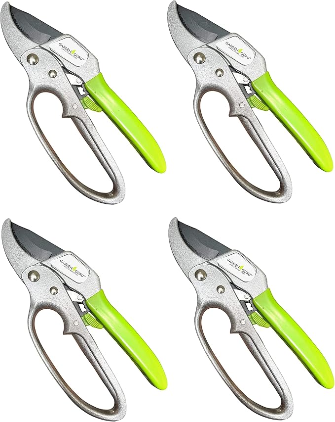 Garden Guru Professional Ratchet Pruning Shears Clippers – 4X Cutting Power – Ratcheting Garden Anvil Pruners Scissors - Makes Tough Cuts Easy - Great for Seniors & Arthritic Hands (4 Pack)