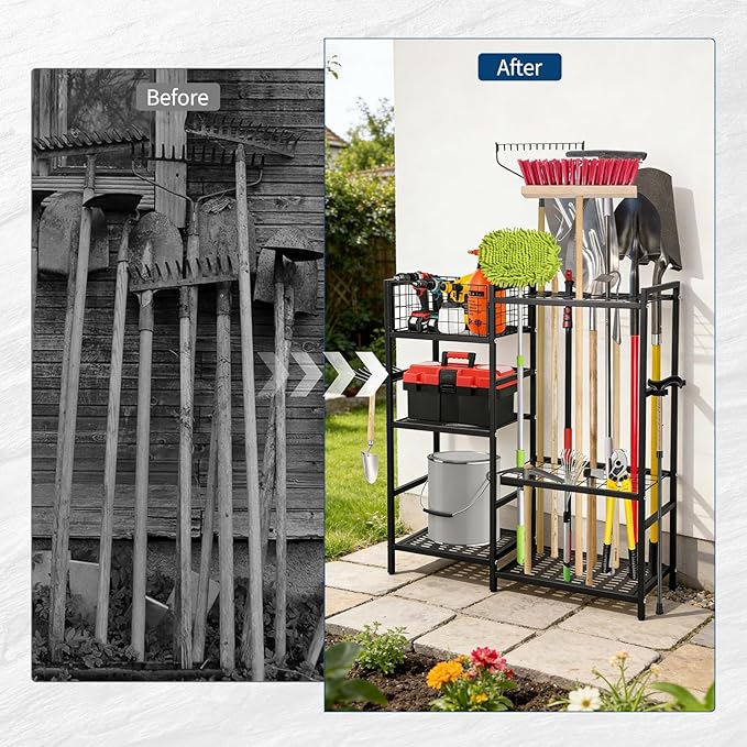 CuisinSmart Garden Tool Organizer With Basket,3 Tier Yard Storage Rack,With 6 Shelves,Heavy Duty Holder With 35 Long-Handled Slots for Yard Shed and Lawn