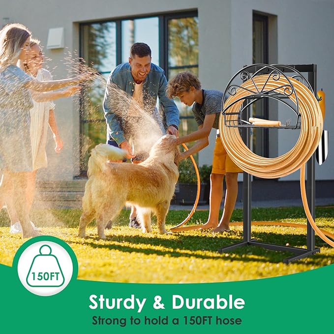 TomCare Garden Hose Holder Heavy Duty Water Hose Holder Holds 160 FT Hoses 4 Spikes Hose Reel Freestanding Hose Hanger Sturdy Hose Storage Stand for Outside Yard Lawn