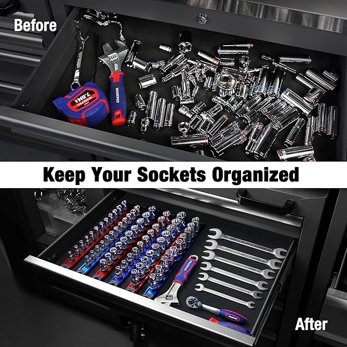 WORKPRO Magnetic Socket Organizer, 1/2-Inch Drive Aluminum Alloy Socket Rail, Heavy Duty Socket Holder, Socket Rack Kit 1/2-Inch x 10 Clips (Blue)
