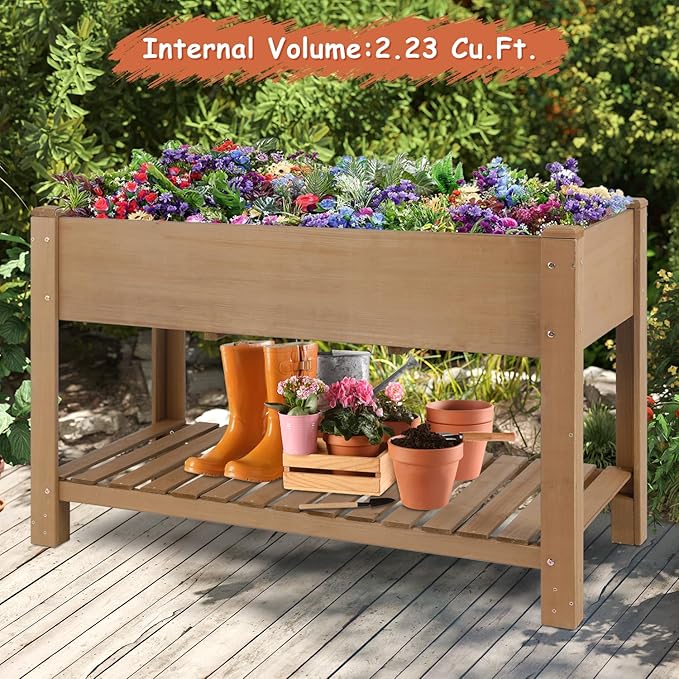 PetsCosset Raised Garden Bed Wooden Elevated Planter Box with Legs, Protective Liner Reinforced for Vegetables Herbs Flowers for Outdoor Patio Backyard Balcony Gardening (46.65“ L with Shelf)