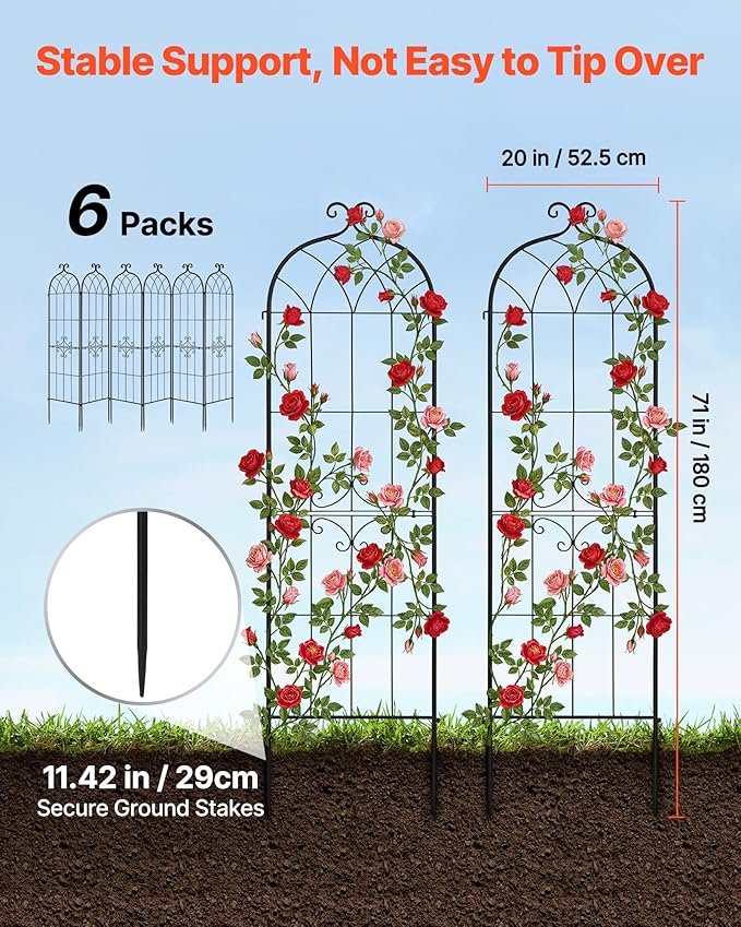 VEVOR 6 Packs Metal Garden Trellis for Climbing Plants Outdoor 71x20in, Rustproof Plant Tall Trellis for Rose Vine Flowers and Vegetables
