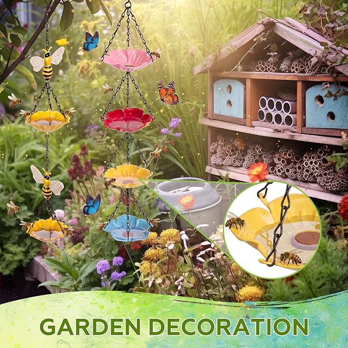 Tandefio 2 Pack Hanging Bee Watering Station for Outdoor Garden, Butterfly Feeder with Flower Bowl, Pollinator Feeding Station for Yard Patio, Bee Bath for Gardeners(Bees & Flower Style)