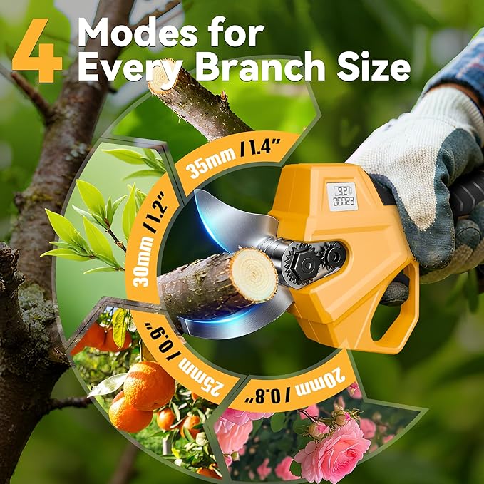 2-in-1 Pole Pruning Shears, 1.6" Cutting Diameter Cordless Electric Pole Pruners - Brushless Motor, 2x4.0Ah Batteries, Extra SK5 Blade, 4 Modes Adjustable Branch Cutter for Garden & Flower (Yellow)
