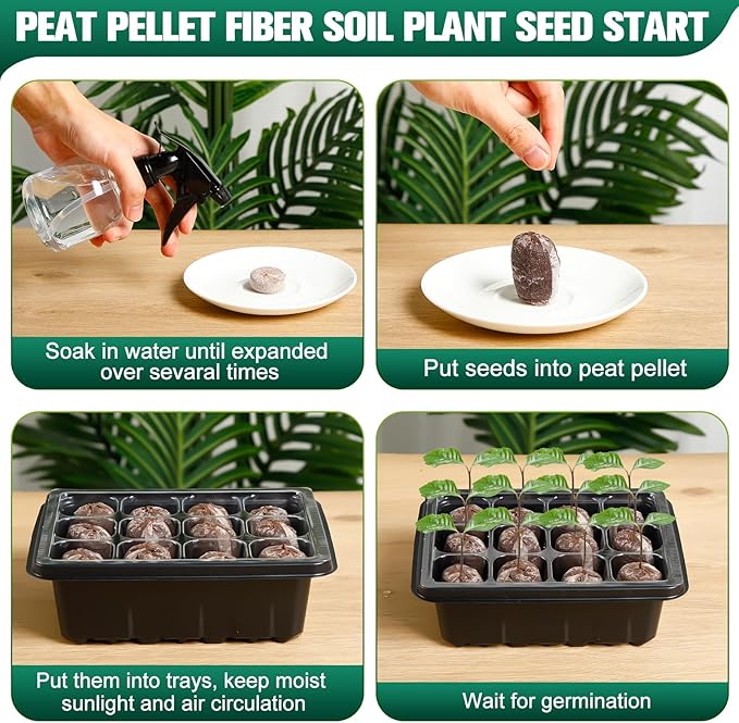 6 Pack Seed Starter Tray with 72 Pcs Peat Pellets, Seeding Starter Kit (72 Cells Total Tray) with Humidity Dome, Soil Plant Germination Tray Kit for Flower Vegetable(Black)