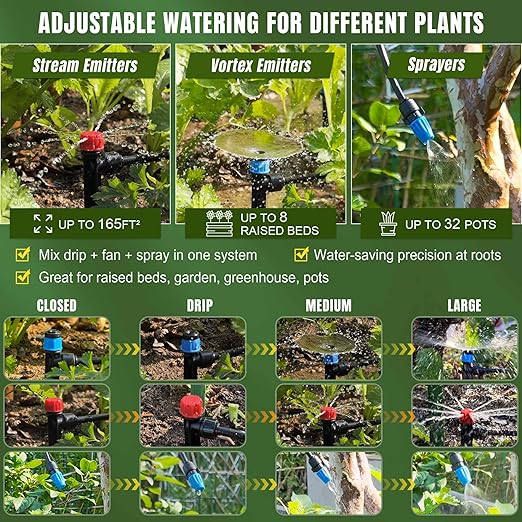 Drip Irrigation System Push-to-Connect Garden Watering System Kit for Raised Beds, Expandable DIY Drip Irrigation Kit with 1/2" & 1/4" Tubing, Adjustable Emitters, Leak-Proof Connectors