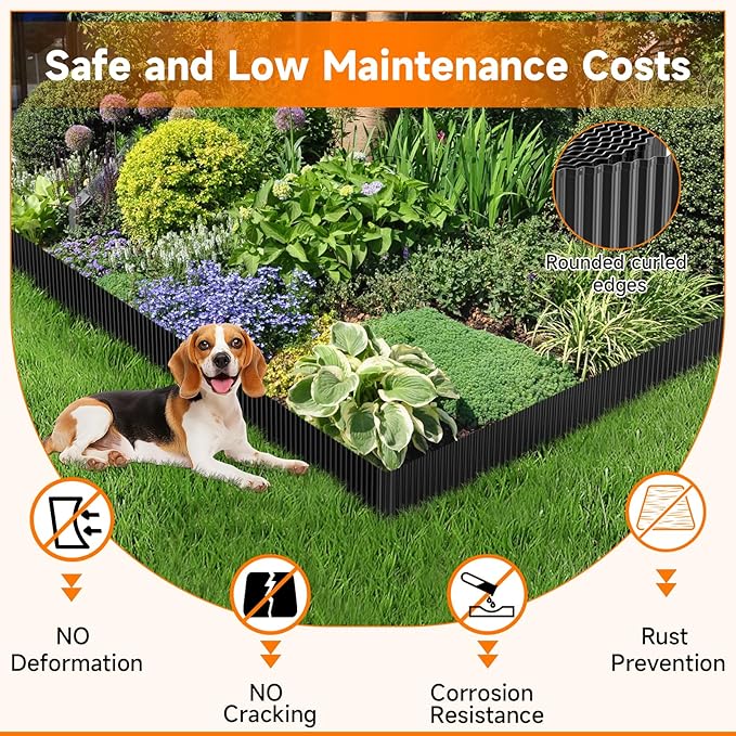 Corrugated Garden Edging,6"×40Ft Galvanized Steel Landscape Edging & Lawn Edging Border,Metal Garden Border for Flower Beds,Garden,Lawn,Raised Beds & Tree Surrounds(Black)