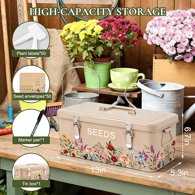 JarThenaAMCS Spring Wildflower Seeds Storage Organizer Metal Seed Saving Box 4 Dividers Vintage Floral Seed Packet with 50 Seed Kraft Envelopes 50 Blank Plant Label Stakes 1 Marker Pen for Home Garden