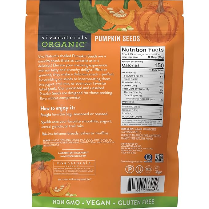 Viva Naturals Organic Pumpkin Seeds - Shelled, Unroasted & Unsalted Pumpkin Seeds Organic, Perfect for Salads, Trail Mix & Baked Goods - Good Source of Iron & Dietary Fiber - 1 lb (16 oz / 454 g)
