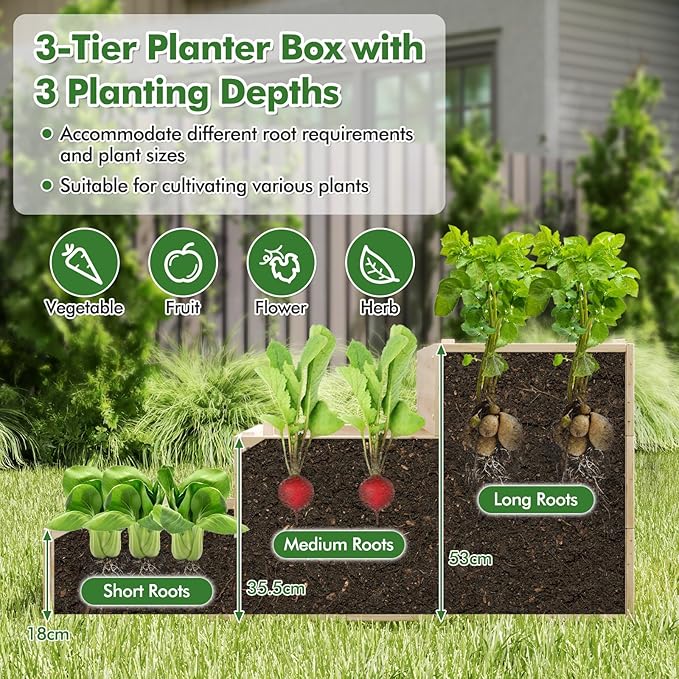 HAPPYGRILL 3-Tier Raised Garden Bed, Wooden Planter with Trellis & Open-Ended Base for Patio Yard Lawn, Outdoor Planter Boxes for Climbing Plants Vines Flower Herb Vegetable Fruit, 44” x 45” x 56”