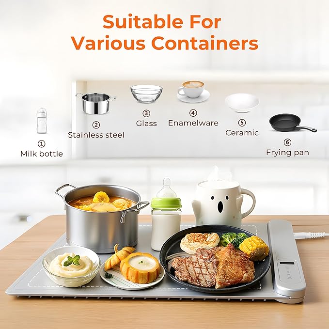 Warming Mat for Food Small Warming Tray with 6 Temp & 6H Timer, 300W Full Surface Heating, Waterproof Foldable Hot Plate for Countertop, Apartment/Dorm Use, New Light Gray
