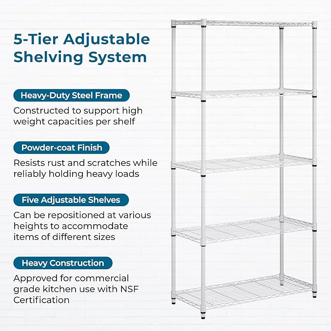 Honey-Can-Do 5-Tier Heavy Duty Adjustable Shelving Unit, 200-lb Per Shelf Metal Storage Rack, White Wire Shelf for Laundry Room Kitchen Craft Room, 36 x 14 x 72 in
