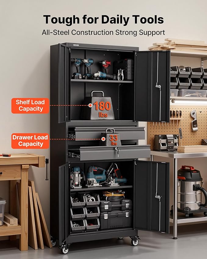 VEVOR Metal Storage Cabinet with Wheels, 180 lbs Shelf Load Capacity, 75" Tall Rolling Garage Tool Storage Cabinet with 4 Locking Doors and Adjustable Shelves, 2 Drawers, for Garage, Office, Home