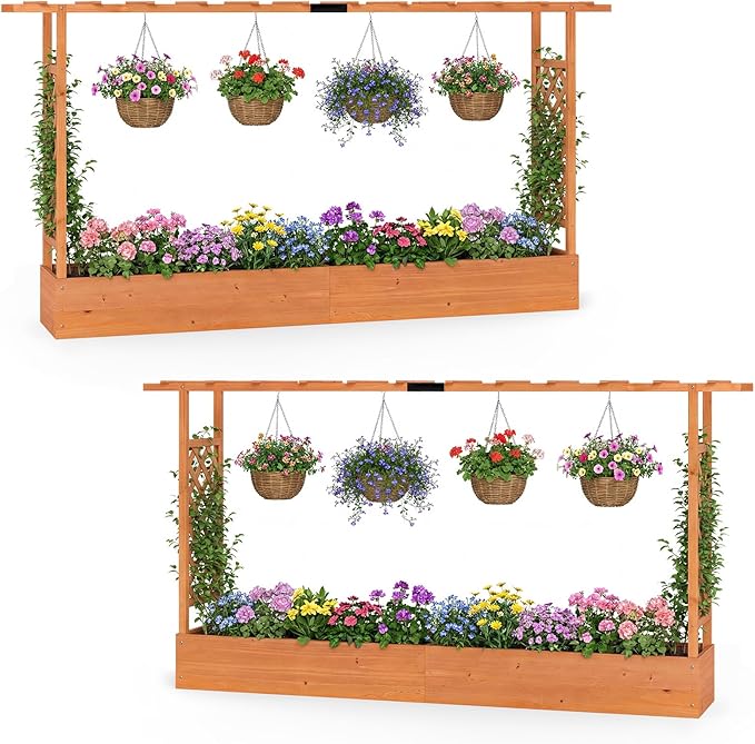 HAPPYGRILL Raised Garden Bed with Trellis, 2 Freestanding 45" Wood Planter Box w/Hanging Roof & 8 Drainage Holes for Climbing Plants Flowers, Outdoor Wood Elevated Garden Bed for Patio Yard,Orange