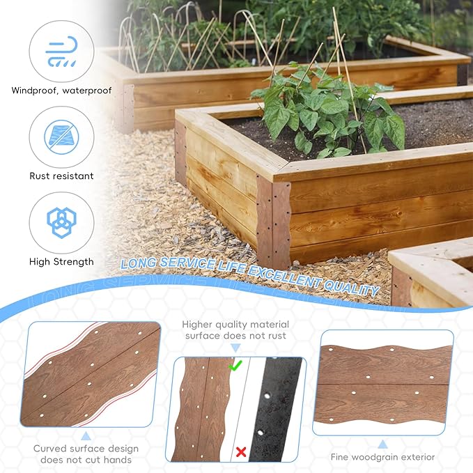 Set of 8 Raised Garden Bed Corner Brackets with Wood Screws, Rust Resistant Metal Connectors 11" x 3" x 3" for 20"-24" Beds, Raised Bed Corners for Vegetable Planter Garden Wood Grain