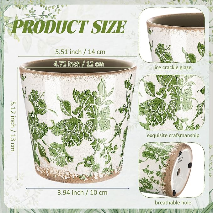 Beeveer Farmhouse Ceramic Planter 5.5 Inch Large Plants Pot Ice Crack Beige Green Flowers Plant Pots with Drainage Hole Indoor Plants Kitchen Rustic Antique Decor Gift