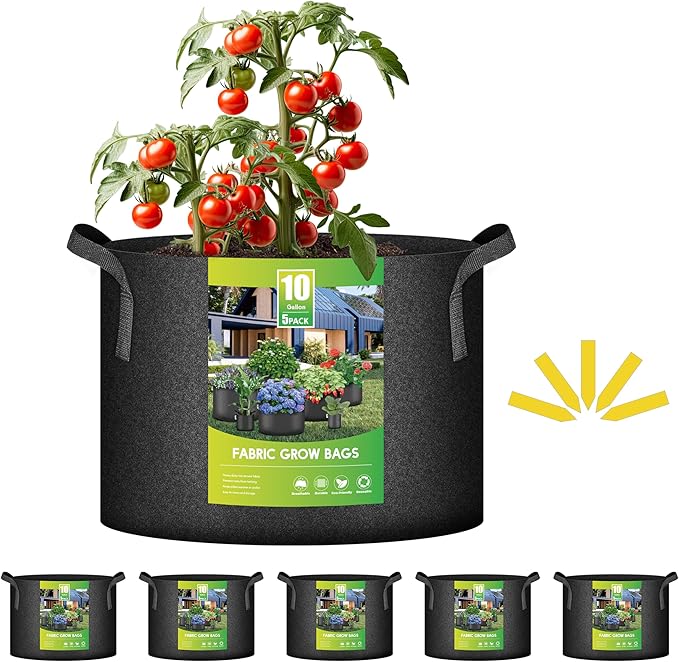 iPower 5-Pack 10 Gallon Grow Bags Heavy Duty Thickened Aeration Nonwoven Fabric Pots with Nylon Handles and 5 Labels for Planting Vegetables, Fruits, Flowers, Black