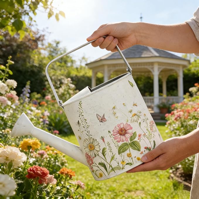 Vintage White Metal Watering Can Decorative Garden Watering Pot with Floral & Butterfly Prints Rustic Shabby Chic Design for Indoor Plants, Outdoor Gardening, Home Decor