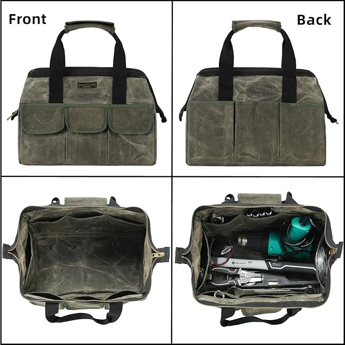 15 Inch Tool Bag, Heavy Duty Waxed Canvas Wide Mouth Water-Resistant Tool Pouch, Garden Tool Tote with 15 Pockets | ArmyGreen