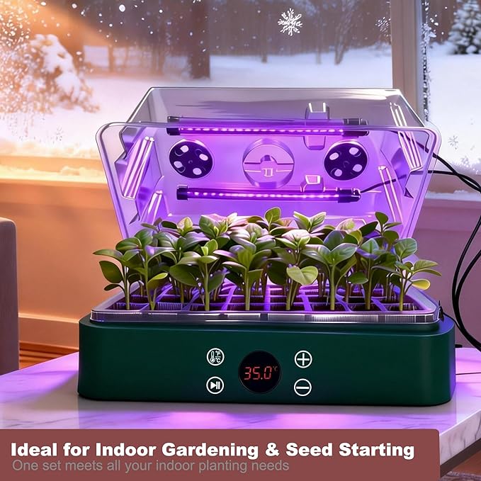 40-Cell Seed Starter Tray with Grow Light, Seedling Tray with Heating Mat Combo,4.3" Higher Lid、Gardening Seed Starter Kit , 1-24H Timer & Temp Control, Herbs, Vegetables,Indoor Plant Starter Kit