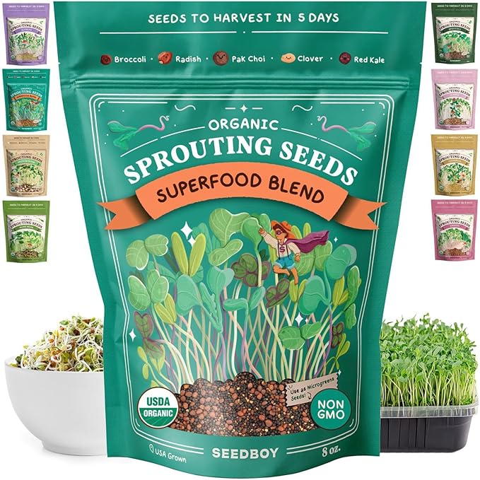 Seedboy Organic Non-GMO Sprouting Seeds, Superfood Blend - USA Grown Microgreens Mix with Broccoli, Radish, Pak Choi, Clover, Red Kale - 8 oz Makes 8 Quarts / 24 Servings (Superfood Blend)