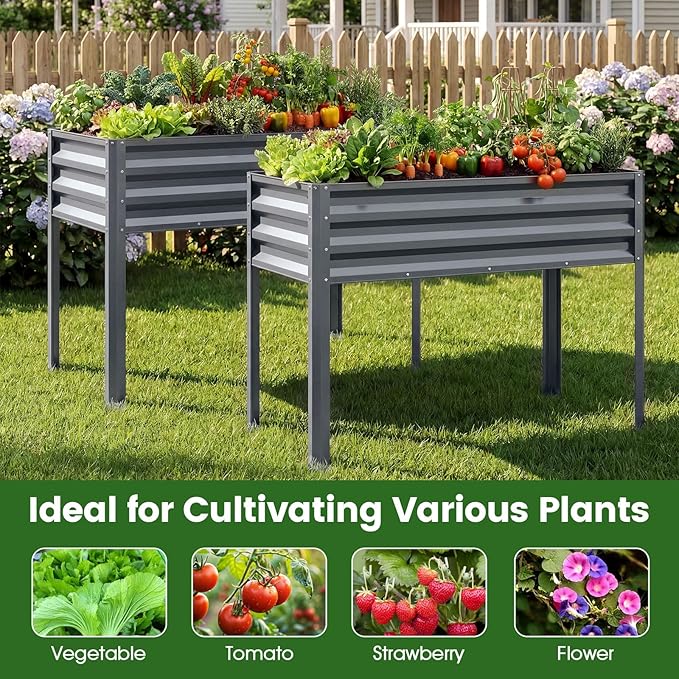 Giantex Raised Garden Bed with Legs 2 Pacs, 44" x 22" x 32" Metal Large Elevated Planter Box for Vegetable Flower Fruit Herb, Heavy Duty Outdoor Gardening Planter for Backyard Patio Balcony, Gray