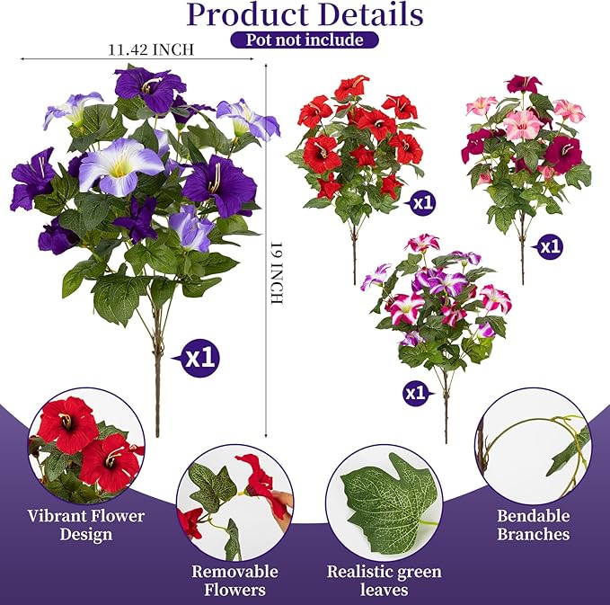19 Inch Artificial Fake Flowers for Outdoor,4 Pcs Faux Silk Petunias Spring Flowers for Outside for Indoor Porch Planter Front Door Garden Patio Window Box Home Decor(Multiple Color)