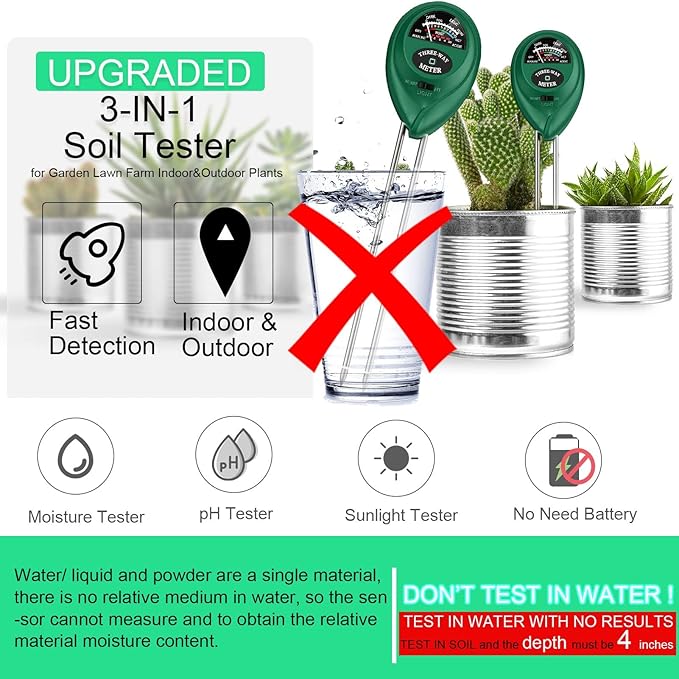 Soil pH Meter, Soil Moisture Meter 3-in-1 Soil Tester with Moisture, Light and PH Test, Soil Test Kit for Home/Garden/Farm/Lawn/Indoor & Outdoor