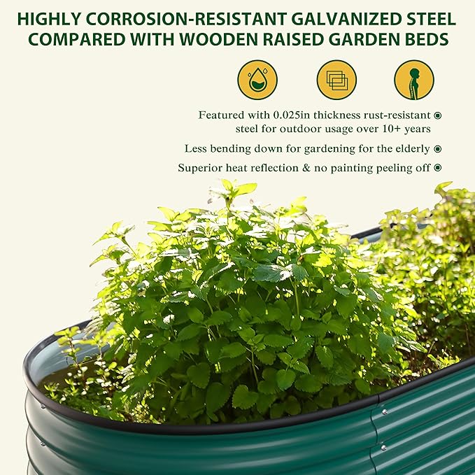 VEIKOU 8ftx2ftx2ft Raised Garden Bed Outdoor for Vegetables, 9-in-1 Galvanized Metal Planter Box with 4 Support Rods, 23.1''H Modular Garden Bed Kit Oval for Herbs and Flowers, Green
