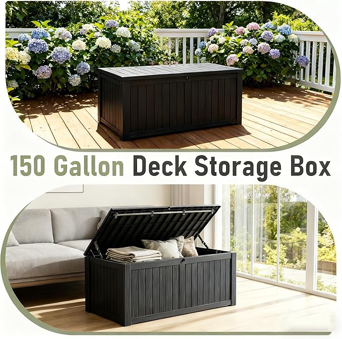 Oudoor Storage Deck Boxes Waterproof, Waterproof and UV Resistant Outdoor Storage Box Lockable Lid for Delivery Box, Indoor, Garden Tools, Pool Supplies, Patio (Black, 150 Gallon)