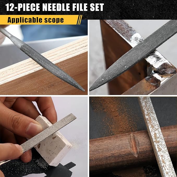 TARIST 12PCS Needle File Set with Tool Bag, Small File Set Includes 6pcs Jewlers Files & 6 Steel Files for Metal, Jewlers, Wood, Leather and Plastic