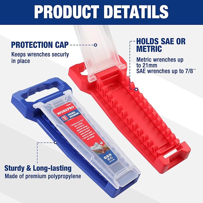 WORKPRO 2-Piece Wrench Organizer, 24-Slot Plastic Wrenches Holder Set with Lock Cover, Metric & SAE Compatibility (Up to 19mm or 7/8), Premium Quality Wrench Rack Tool Trays with Carrying Handle